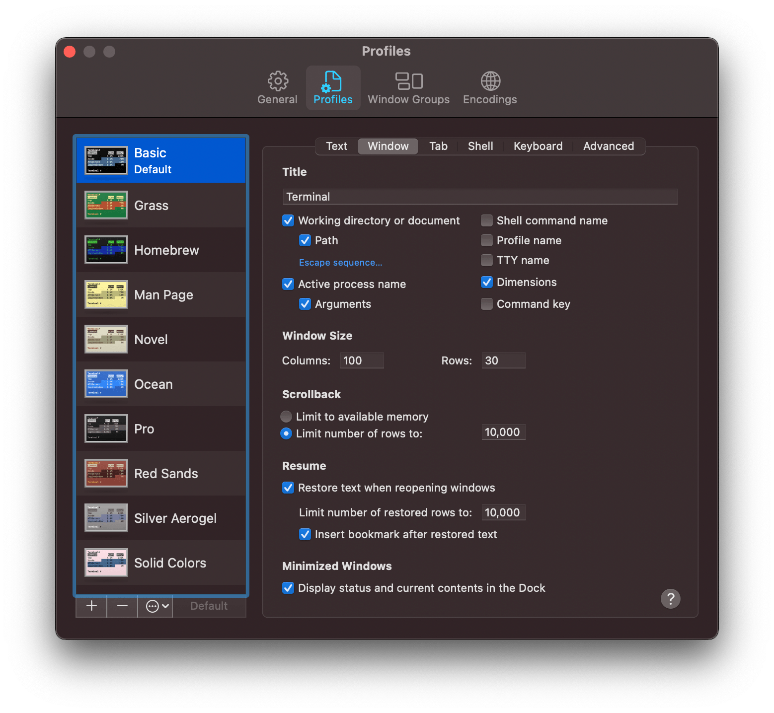 Limit scrollback rows in macOS Terminal